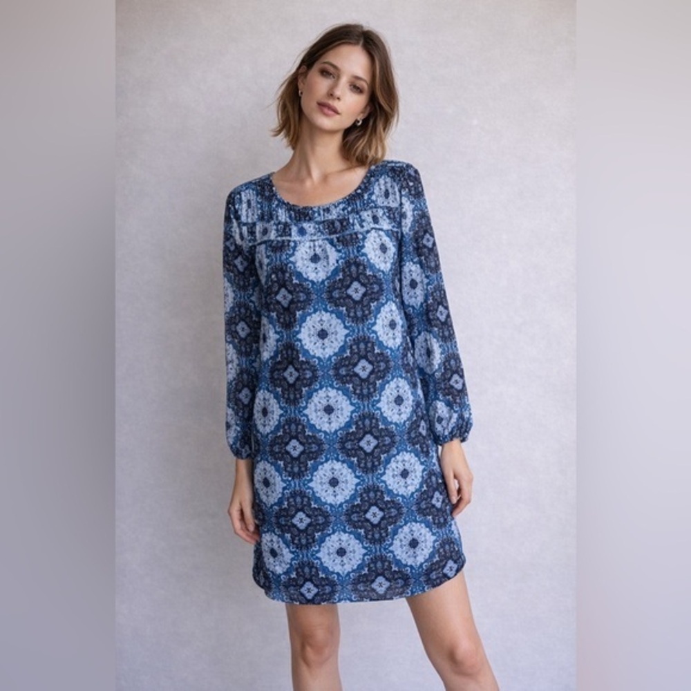 LOFT Paisley Long Sleeve Blue Dress